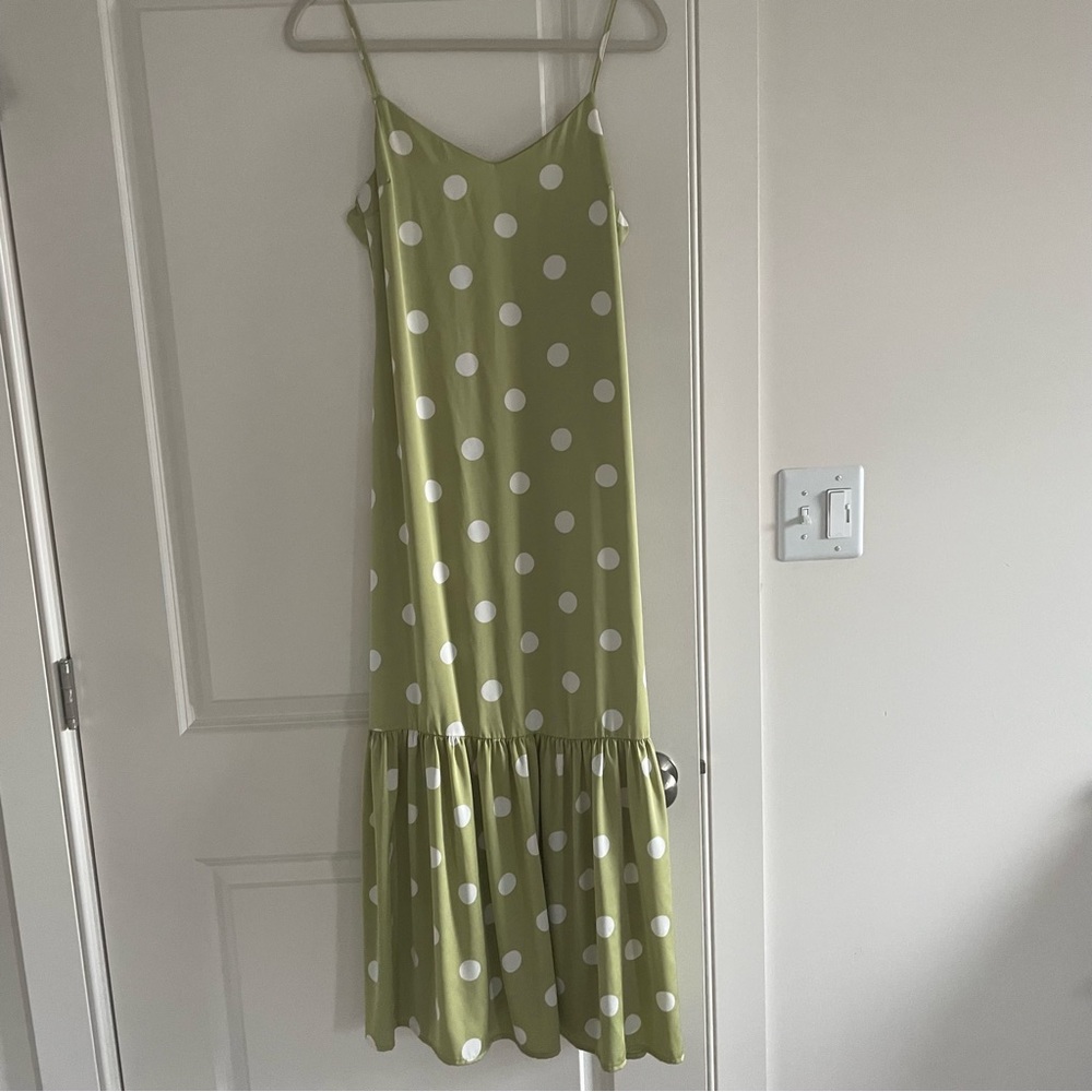 Lulu’s Because of You Green Polka Dot Satin Tiered Maxi Dress
